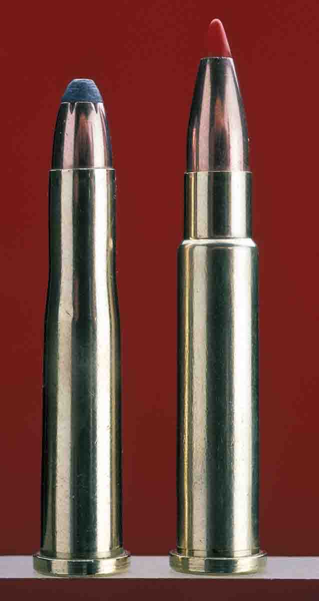 One of the benefits of varmint hunting is getting to play around some “wildcat” cartridges like the 22 Hornet (left) and the improved version called the 22 K-Hornet (right). Note the difference in the body taper of the K-Hornet to allow more powder capacity – and a bit more velocity.